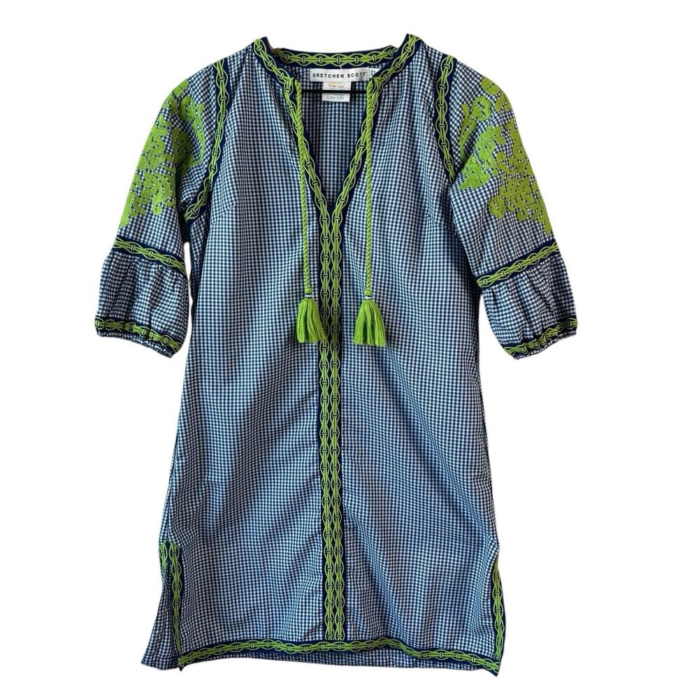Gretchen Scott Dress XS Blue Green Glorious Gingham Plaid‎ 3/4 Sleeve Tassels